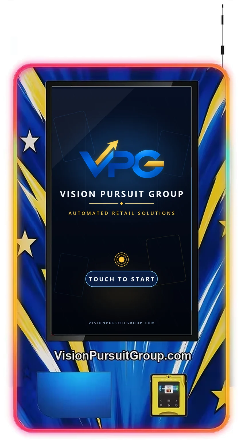 VPG Compact wall-mounted vending machine: 32-inch touchscreen, dispensing compartment lower left, payment terminal lower right, and multicolor LED edge lighting, in the blue-and-yellow VPG design